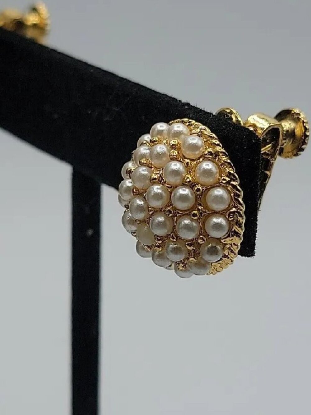 Napier Faux Pearl Pave Screwback Earrings Adjustable Unsigned Pat Pend Vintage - Picture 5 of 9